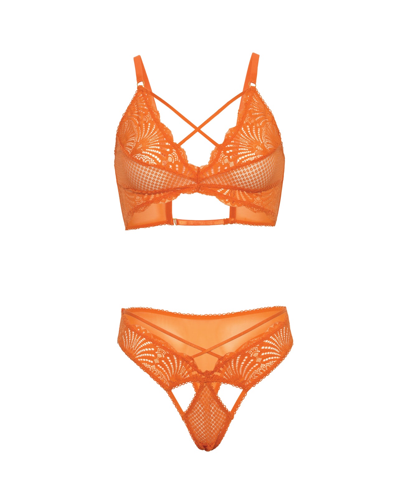 Amina Scallop Lace & Mesh Bralette w/Panty 2 pc Set - Dragon Fire Orange S/M by Oh la la cheri