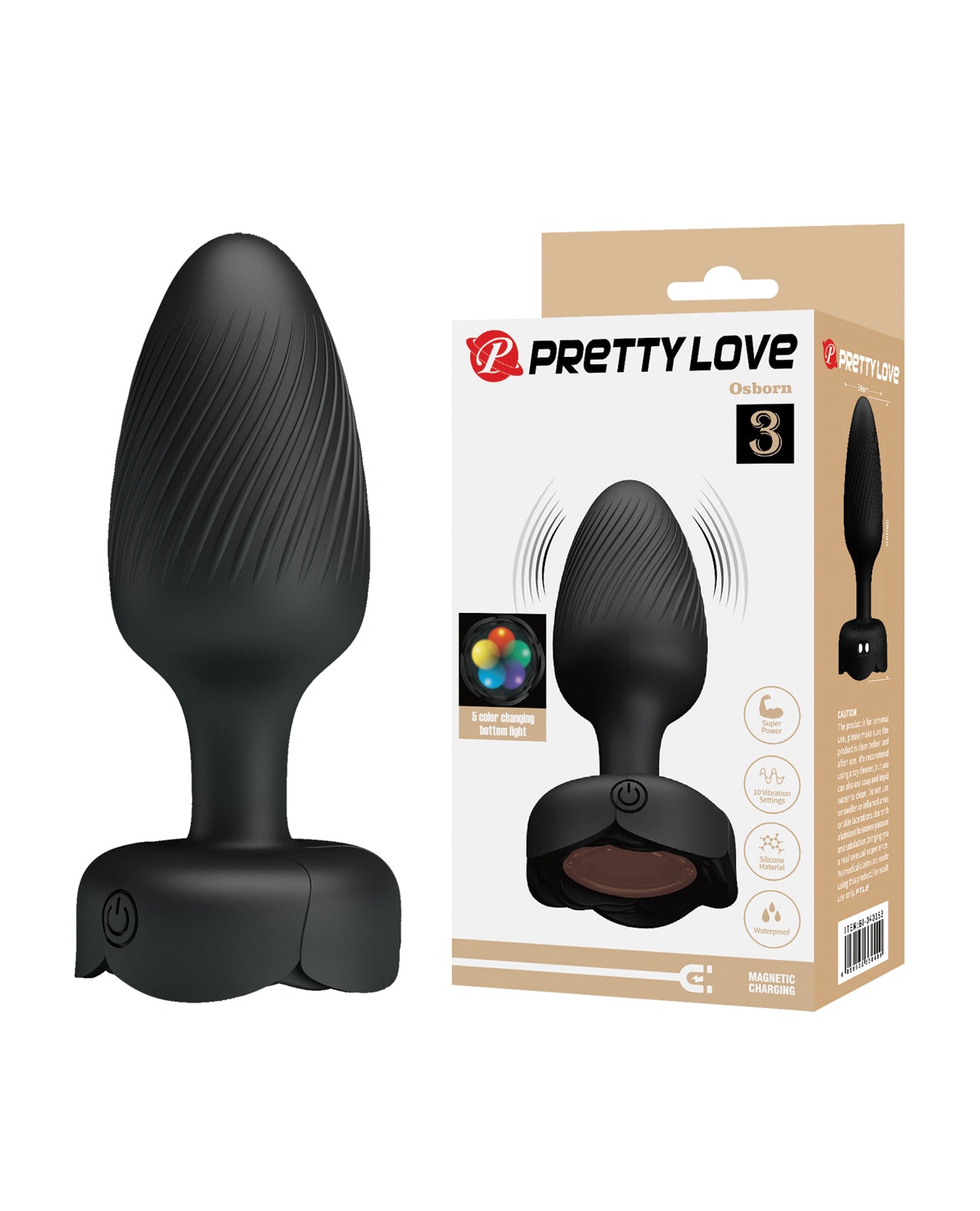 Pretty Love Osborn Medium Butt Plug w/Multi Color Bottom Light - Black by Liaoyang baile health care produ