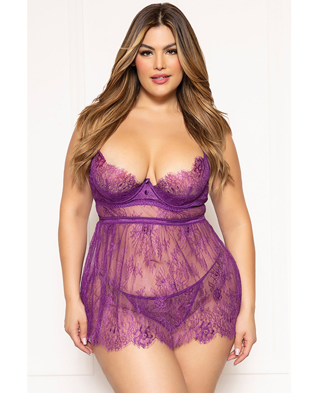Floral Eyelash Lace Underwire Purple Babydoll w/Thong by Seven 'til midnight costume