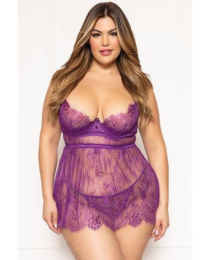 Floral Eyelash Lace Underwire Purple Babydoll w/Thong by Seven 'til midnight costume