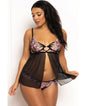 Floral Lace and Mesh Underwire Babydoll w/Open Back Panty 2 pc Set - Black/Pink MD by Seven 'til midnight costume