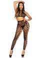 2 Pc Leopard Net Crop Top and Crotchless Footless Tights With Faux Lace-Up Detail - Os - Black by Leg Avenue
