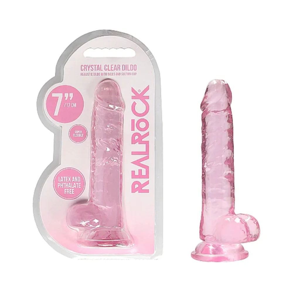 RealRock Crystal Clear Realistic 7 in. Dildo With Balls and Suction Cup Pink by Shots America LLC
