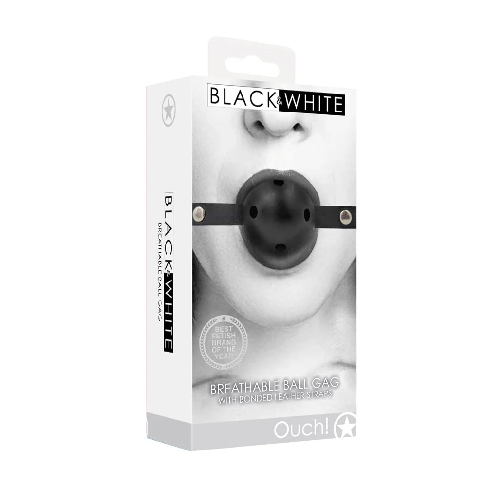 Ouch! Black & White Breathable Ball Gag With Bonded Leather Straps Black by Shots America LLC