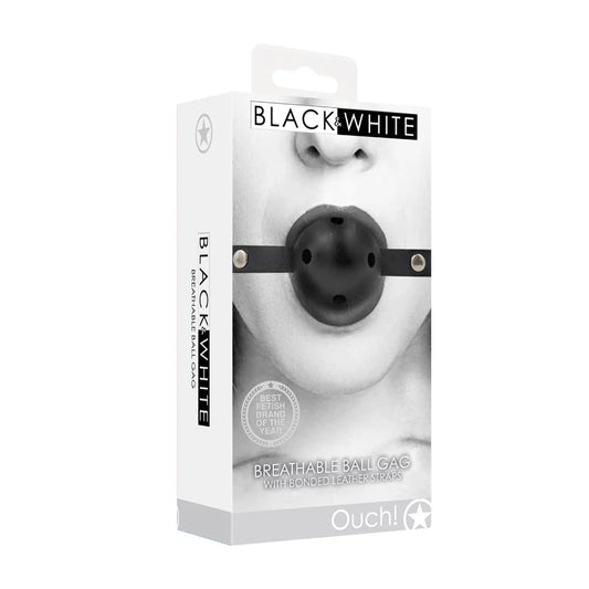 Ouch! Black & White Breathable Ball Gag With Bonded Leather Straps Black by Shots America LLC