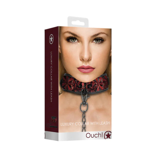 Ouch! Luxury Adjustable Collar With Leash Burgundy by Shots America LLC