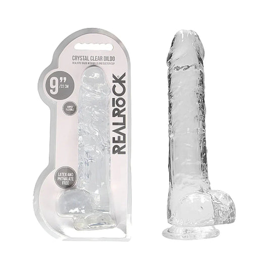 RealRock Crystal Clear Realistic 9 in. Dildo With Balls and Suction Cup Clear by Shots America LLC