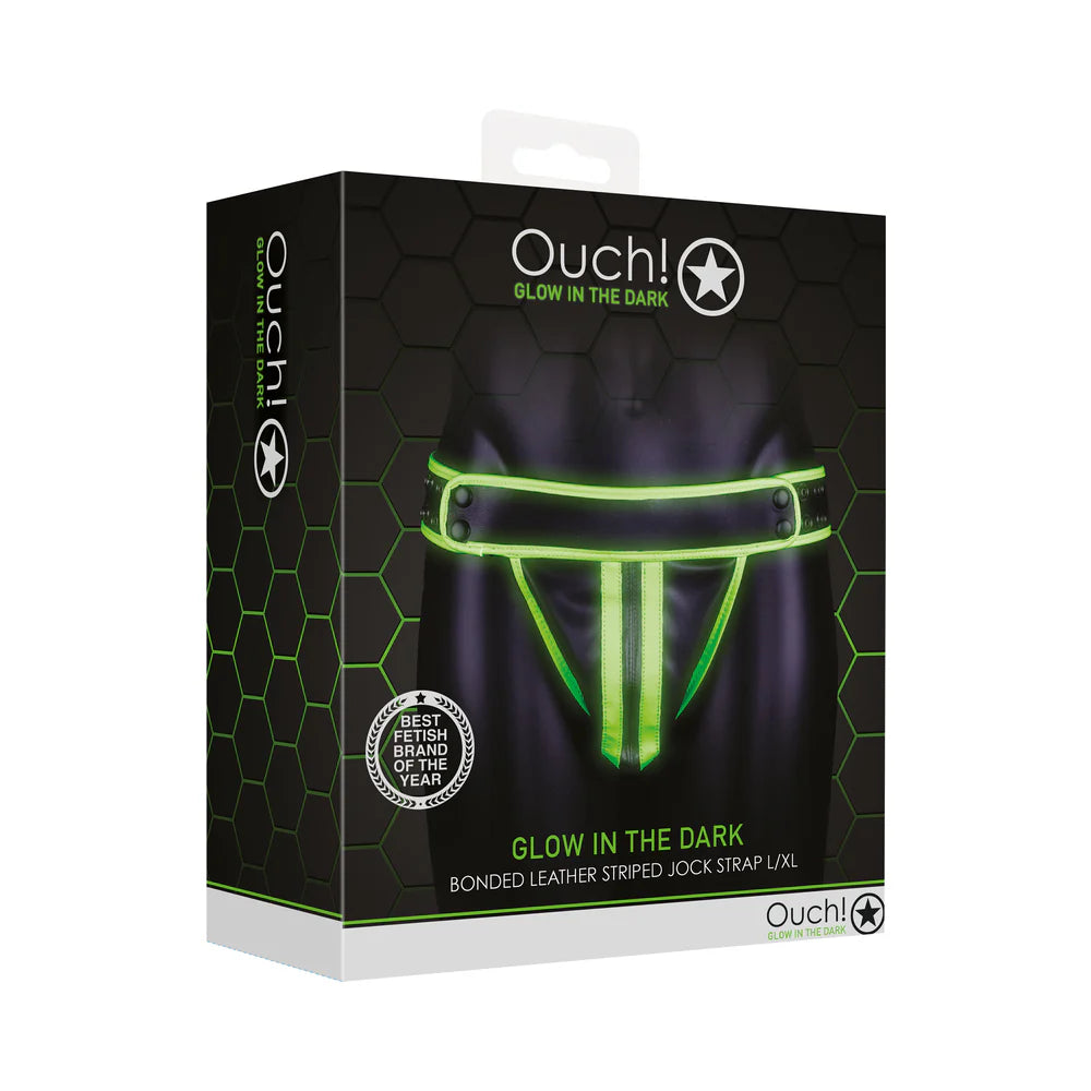 Ouch! Glow in the Dark Bonded Leather Striped Jockstrap Neon Green L/XL by Shots America LLC