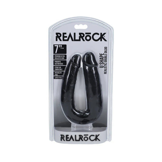 RealRock 7 in. U-Shaped Double Dildo Black by Shots America LLC