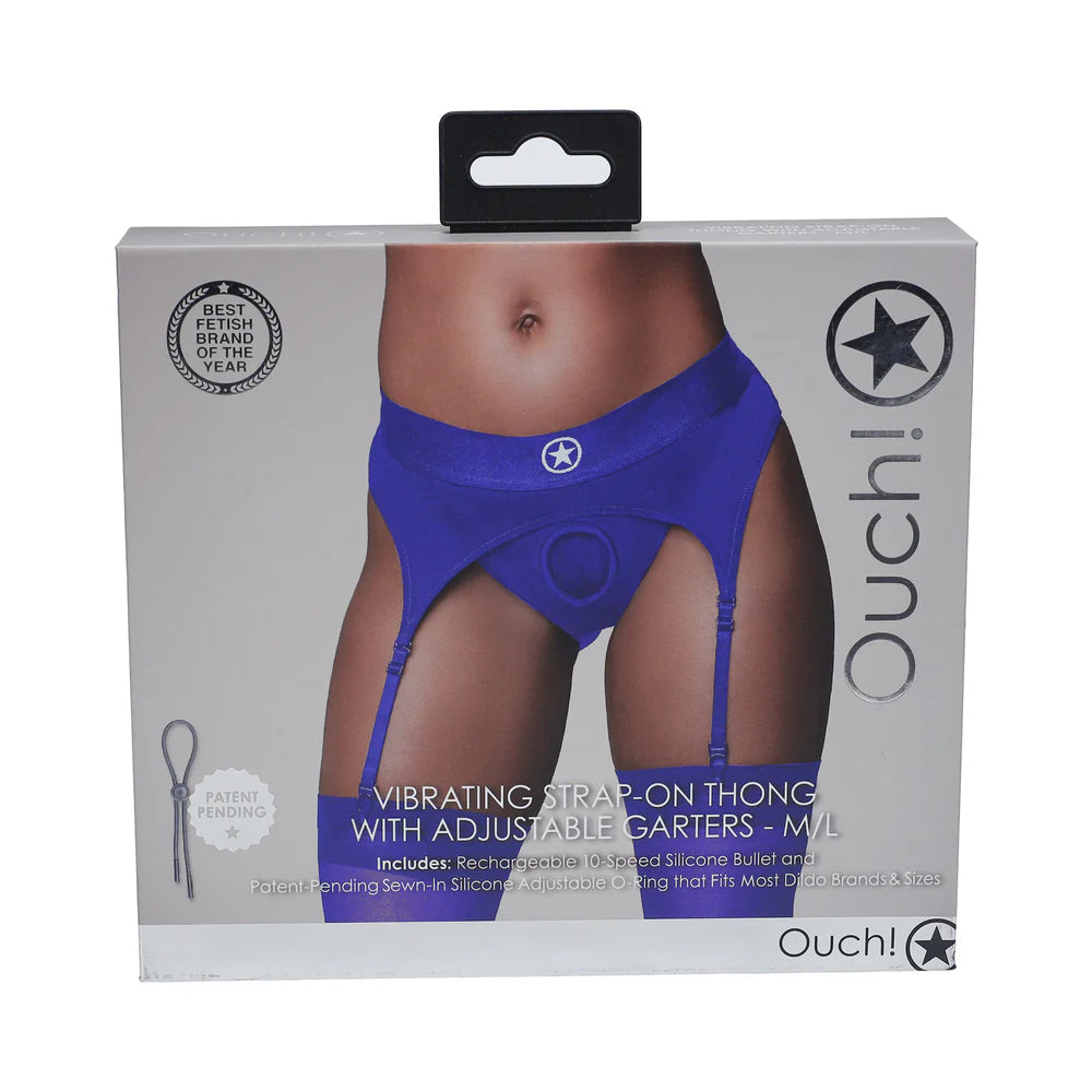 Ouch! Vibrating Strap-on Thong with Adjustable Garters Royal Blue M/L by Shots America LLC