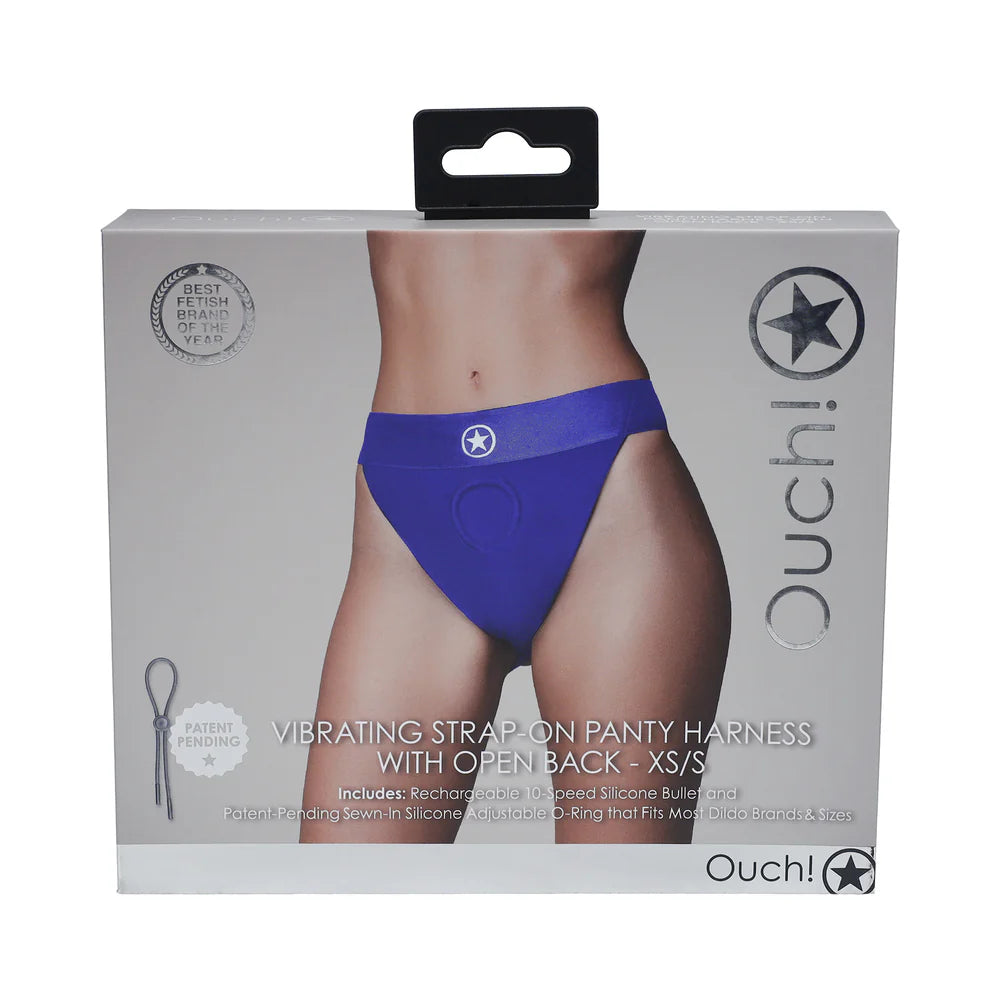 Ouch! Vibrating Strap-on Panty Harness with Open Royal Blue Black XS/S by Shots America LLC