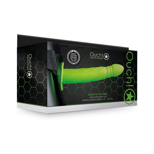 Ouch! Twisted 8 in. Glow in the Dark Hollow Strap-On Neon Green by Shots America LLC