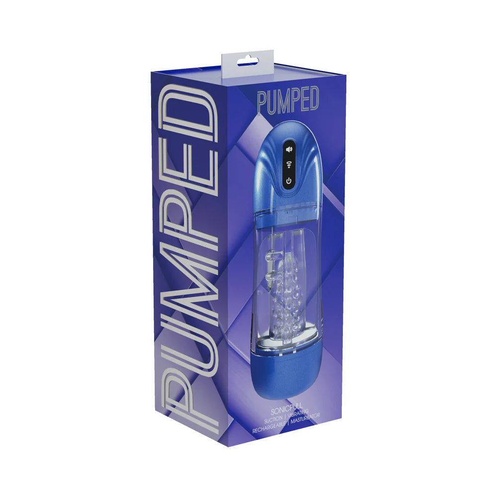 PUMPED SonicPull Masturbator Suction Vibration Multimedia Enhanced Metallic Blue by Shots America LLC