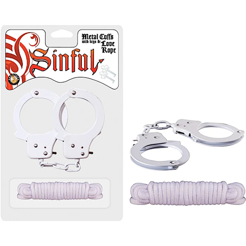 Sinful Metal Cuffs With Keys & 118in. Love Rope (White) by Nasstoys