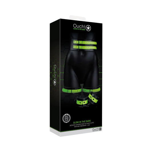 Ouch! Glow in the Dark 5-Piece Bonded Leather Thigh & Handcuffs With Belt Restraint Neon Green S/M by Shots America LLC