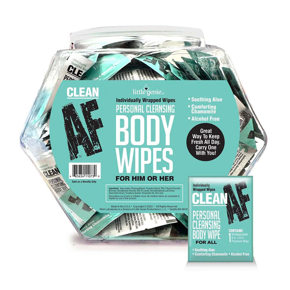 Clean AF Individually Wrapped Personal Cleaning Body Wipes 96-Piece Fishbowl Display by Little Genie Productions