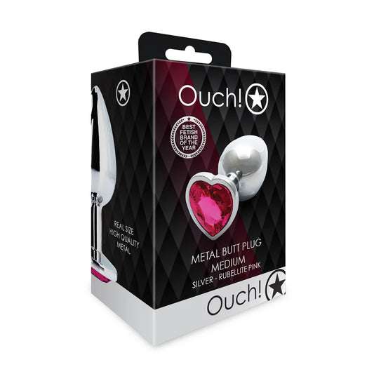 Ouch! Heart Gem Butt Plug Medium Silver/Rubellite Pink by Shots America LLC