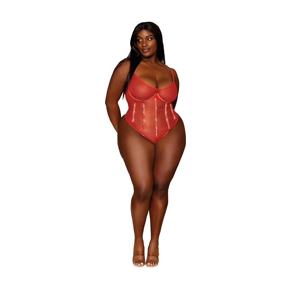 Dreamgirl Gold-foiled Stretch Mesh Teddy with Rhinestone Detailing and Heat-Sealed Edges Ruby 3XL by Dreamgirl International