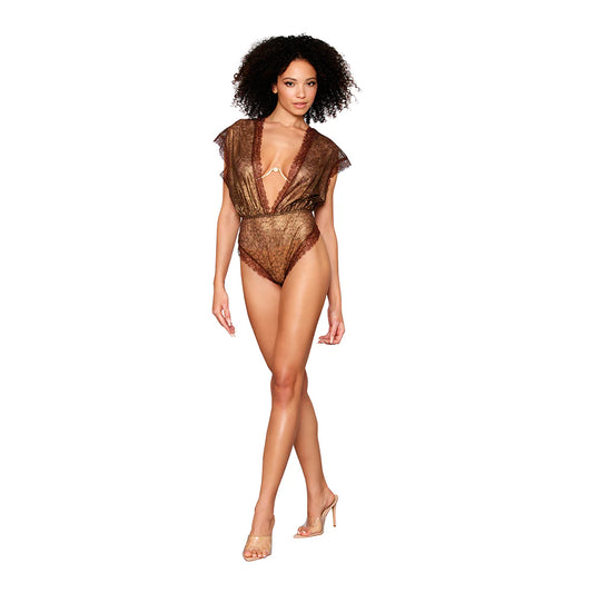 Dreamgirl Delicate Gold-Foil Lace Blouson Teddy & Rhinestone Metal Underwire Bra Set Gold XL by Dreamgirl International