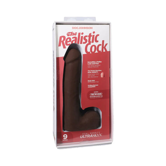 The Realistic Cock 9 in. ULTRASKYN Vac-U-Lock Dildo with Balls Chocolate by Doc Johnson