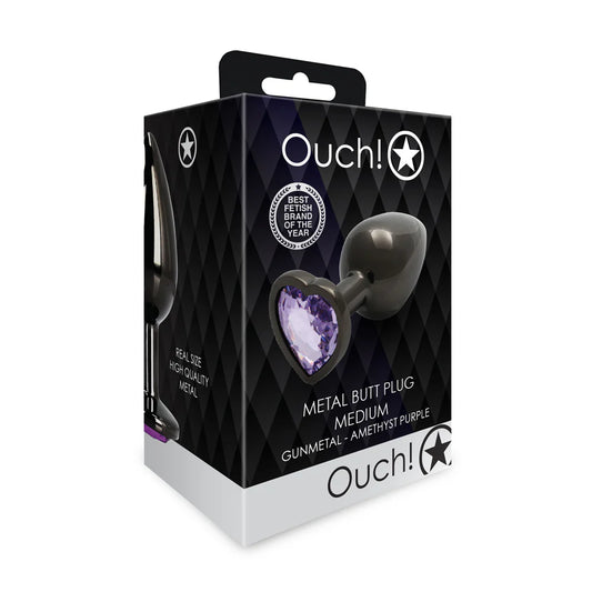 Ouch! Heart Gem Butt Plug Medium Gunmetal/Amethyst by Shots America LLC