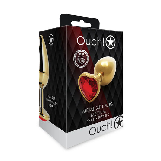 Ouch! Heart Gem Butt Plug Medium Gold/Ruby Red by Shots America LLC