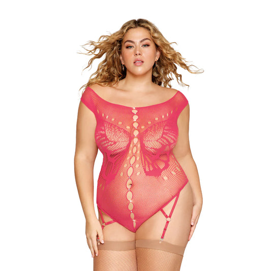 Dreamgirl Butterfly Fishnet Teddy with Garter Straps Watermelon Queen Size by Dreamgirl International