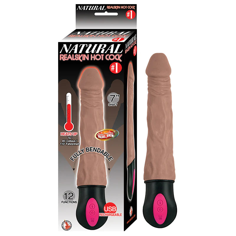 Natural Realskin Hot Cock #1 Fully Bendable 12 Function USB Cord Included Waterproof Brown by Nasstoys