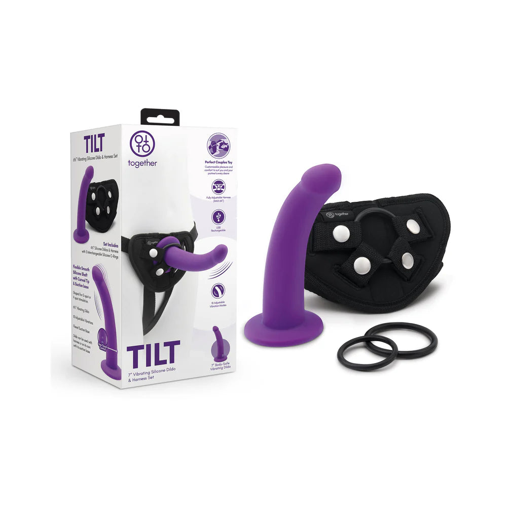 Together Tilt 7 in. Vibrating Silicone Dildo & Harness Set Purple by Electric EEL Inc.