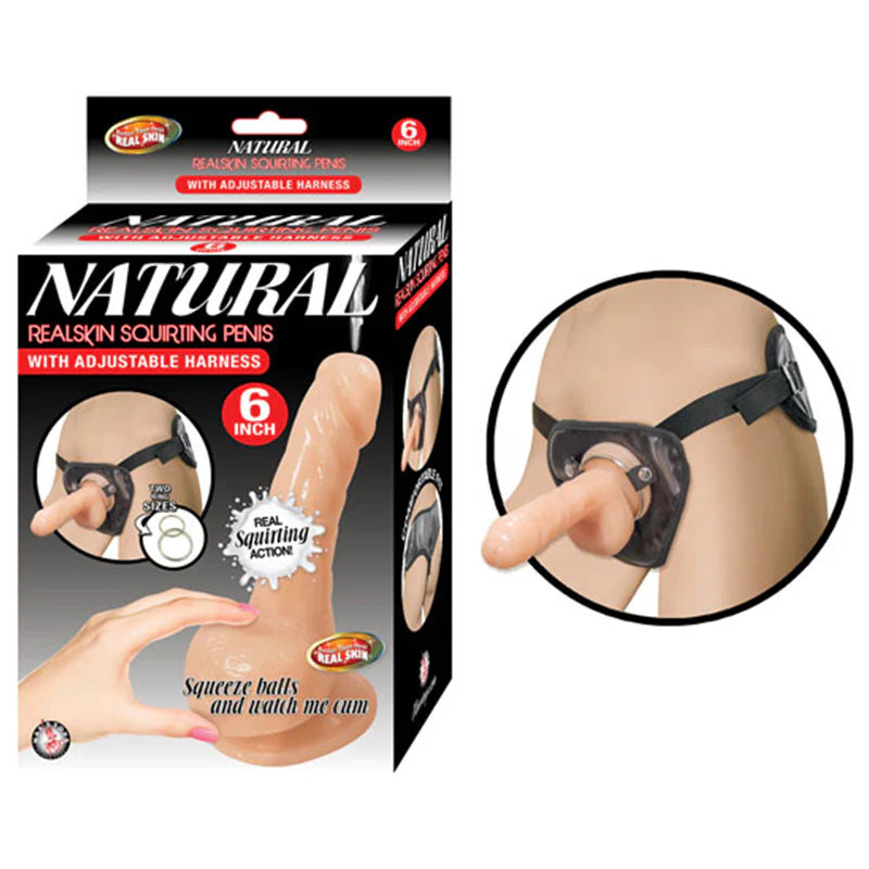 Natural Realskin Squirting Penis W/Adjustable Harness 6in Flesh by Nasstoys