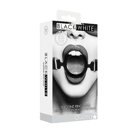 Ouch! Black & White Silicone Ring Gag With Adjustable Bonded Leather Straps Black by Shots America LLC