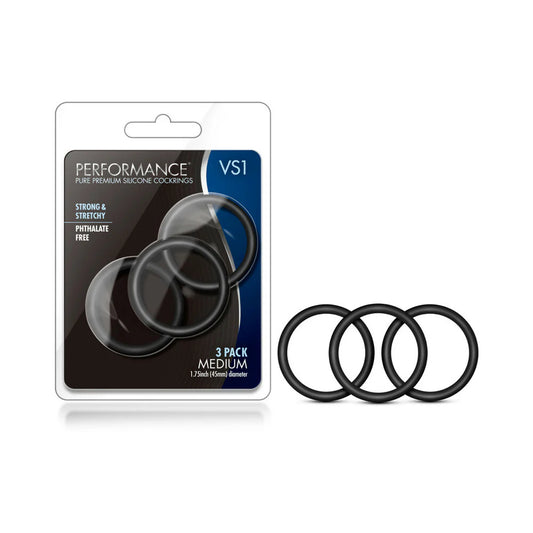 Performance VS1 Pure Premium Silicone Cockrings 3-Pack Medium Black by Blush