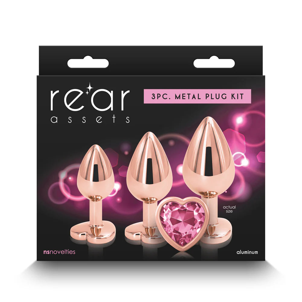 Rear Assets 3-Piece Metal Plug Kit Rose Gold/Pink Heart by New Sensations Novelties Inc.