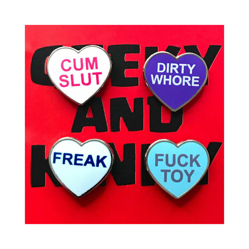 Geeky & Kinky Heart Pin 4-Pack (Cum Slut, Dirty Whore, Freak, Fuck Toy) by Geeky & Kinky