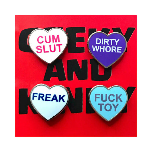 Geeky & Kinky Heart Pin 4-Pack (Cum Slut, Dirty Whore, Freak, Fuck Toy) by Geeky & Kinky