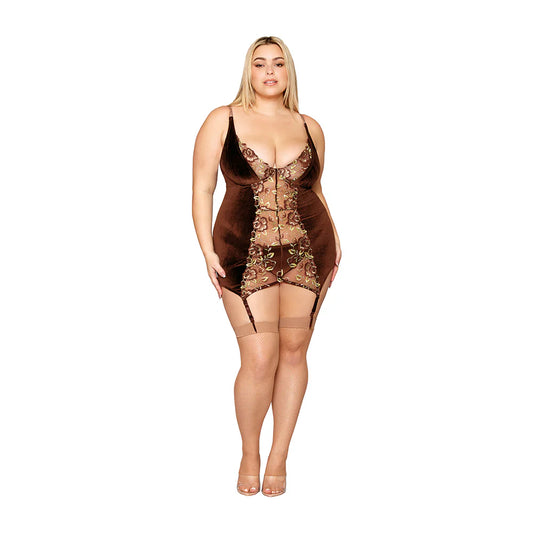 Dreamgirl Stretch Velvet and Embroidered Band Garter Slip and G-String Set Espresso 3XL by Dreamgirl International