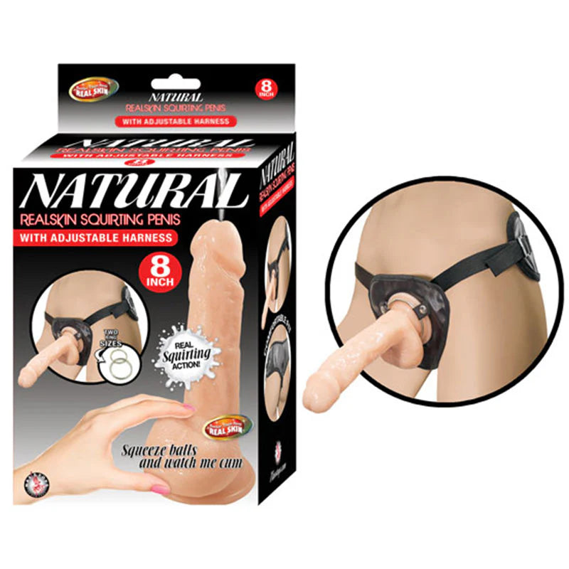 Natural Realskin Squirting Penis W/Adjustable Harness 8in Flesh by Nasstoys