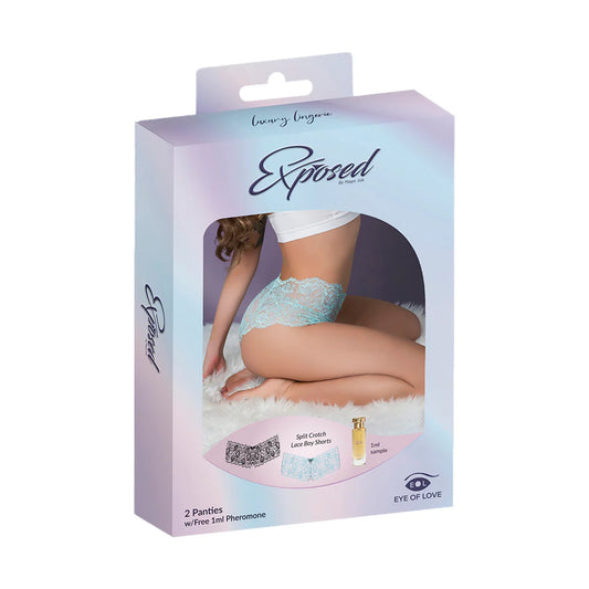 Magic Silk Pheromone Panties Split Crotch Lace Boy Short 2-Pack Aqua/Black S/M by Magic Silk