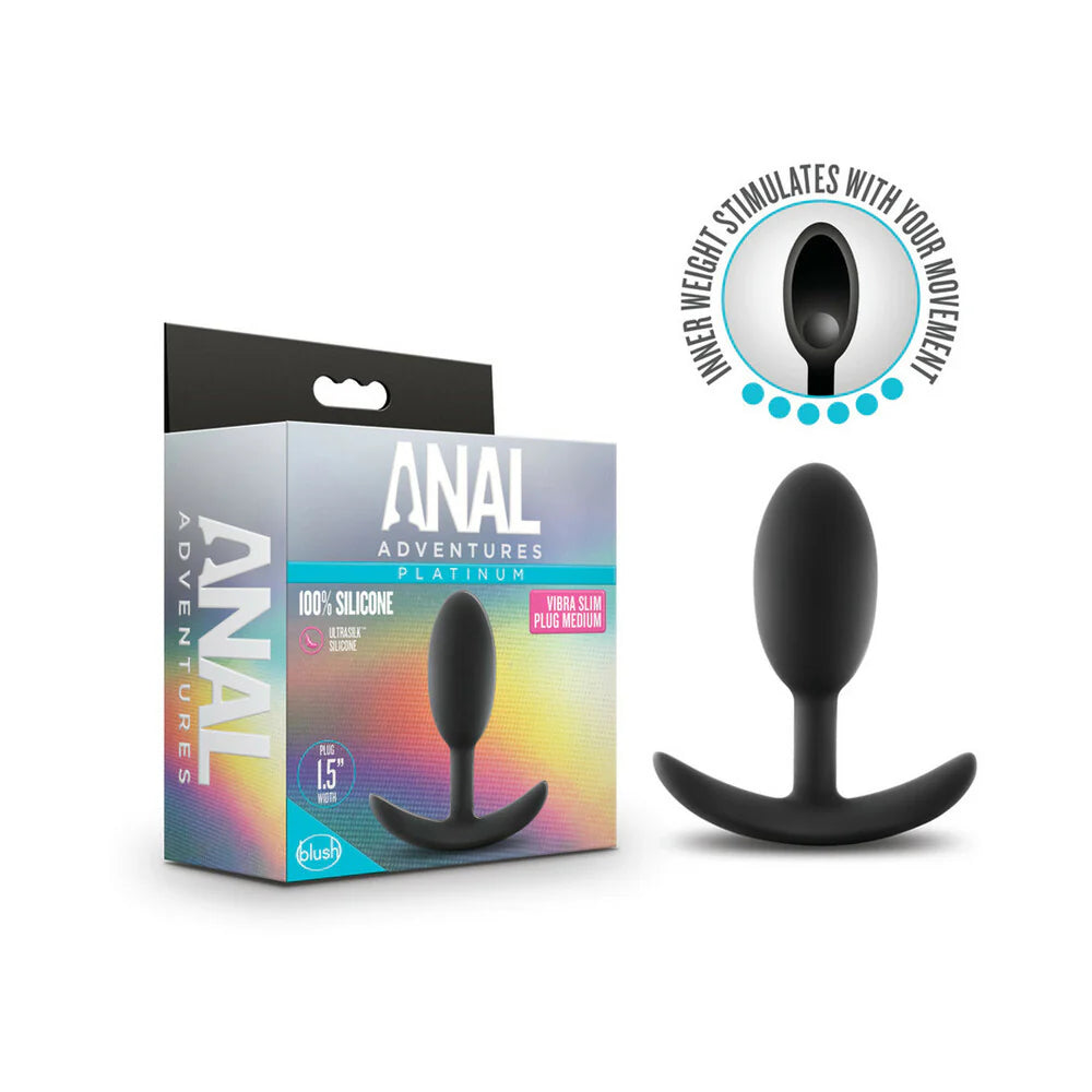 Anal Adventures Platinum Silicone Weighted Vibra Slim Plug Medium Black by Blush