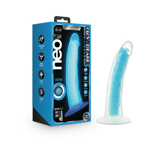 Neo Elite Glow in the Dark Prysm 7 in. Silicone Dual Density Dildo Neon Blue by Blush