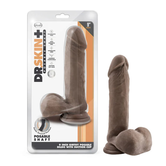 Dr. Skin Plus Thick 9 in. Triple Density Posable Dildo with Balls Brown by Blush