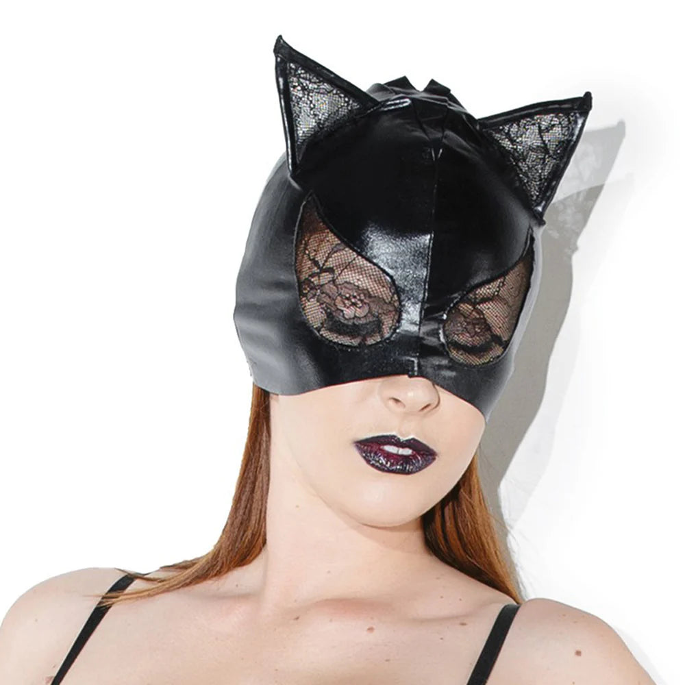 Cat Mask with Lace Eyes and Ears Black OS Hanging by Coquette