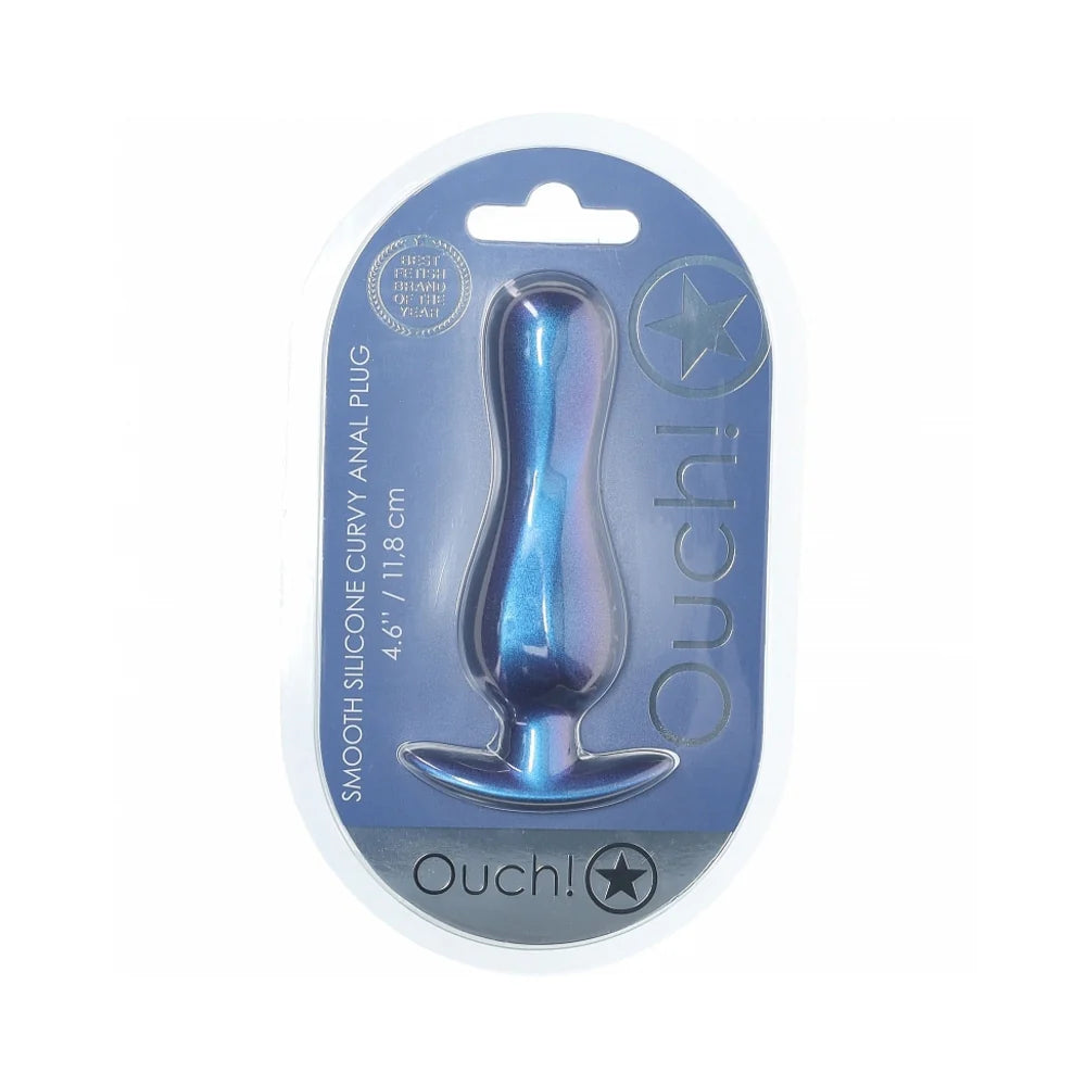 Ouch! Smooth Silicone Curvy Anal Plug 4.6 in. Metallic Blue by Shots America LLC