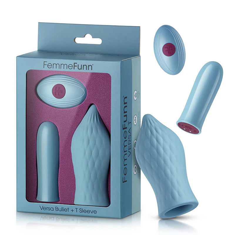 FemmeFunn Versa T Bullet Vibrator & Textured Silicone Tongue-Shaped Sleeve Light Blue by Vvole