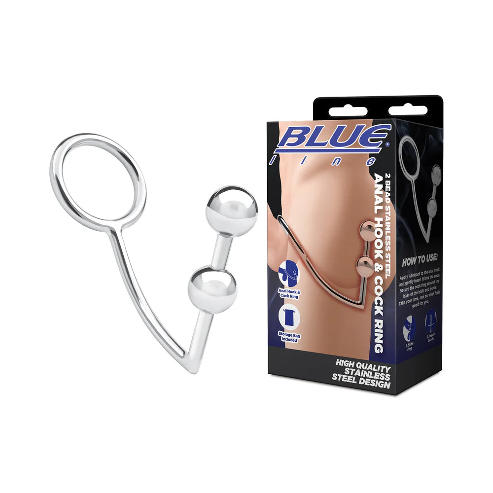 Blue Line 2 Bead Stainless Steel Anal Hook & Cock Ring by Electric EEL Inc.