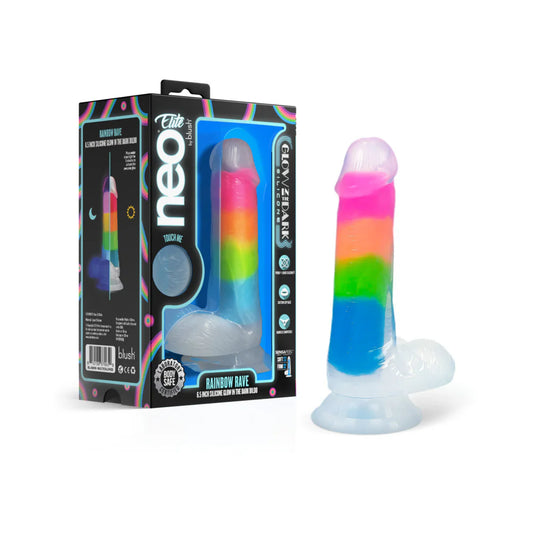Neo Elite Glow-in-the-Dark Rainbow Rave 6.5 in. Silicone Dual Density Dildo by Blush