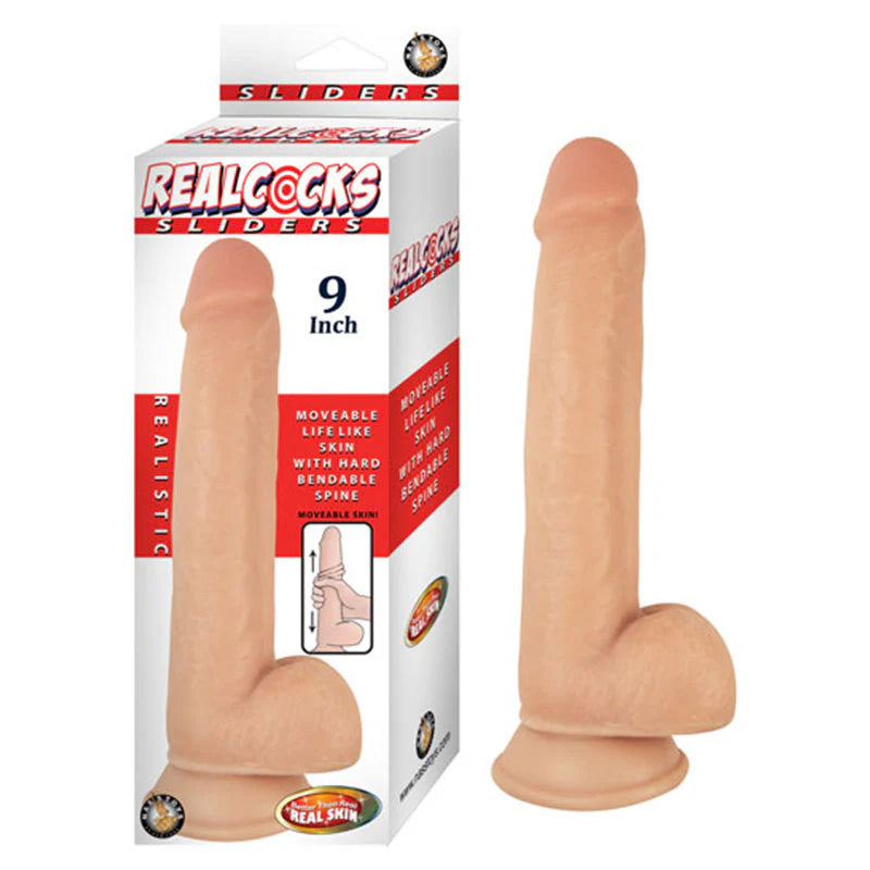 Realcocks Sliders 9in Moveable Skin Bendable Harness Compatible Suction Cup Base Flesh by Nasstoys