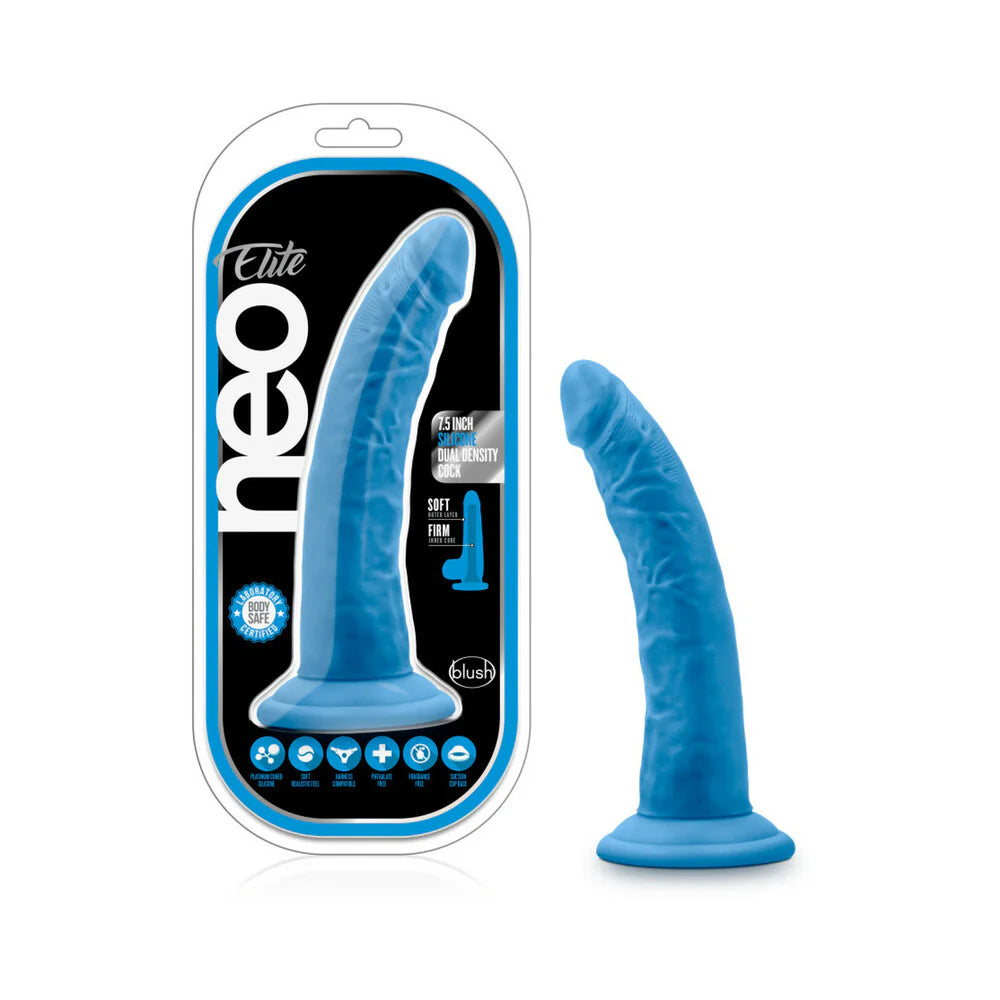 Neo Elite 7.5 in. Silicone Dual Density Dildo Neon Blue by Blush