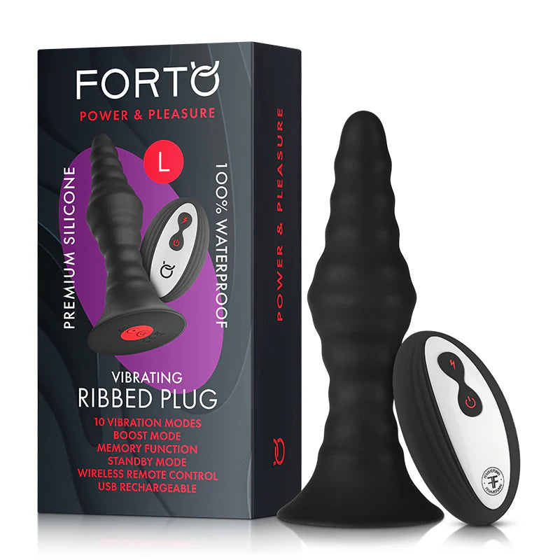 Forto Vibrating Ribbed Plug Rechargeable Remote-Controlled Silicone Anal Plug Large Black by Vvole