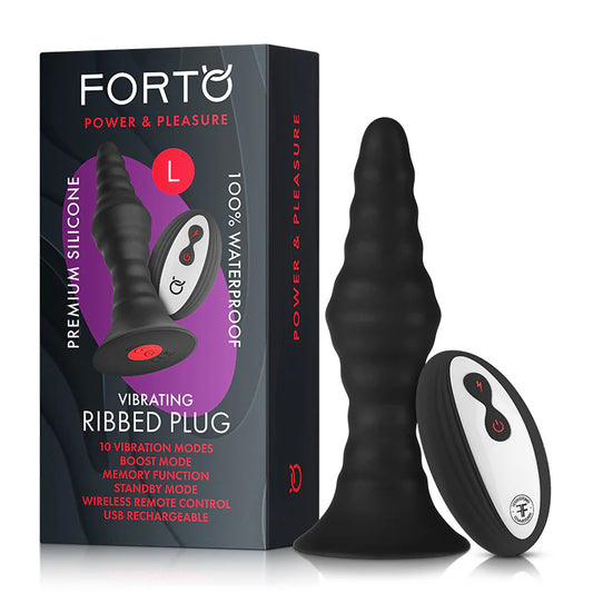 Forto Vibrating Ribbed Plug Rechargeable Remote-Controlled Silicone Anal Plug Large Black by Vvole